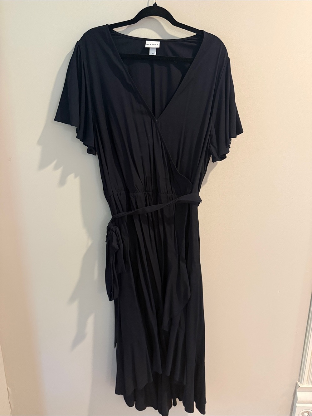 Ava & Viv Black Wrap Midi Dress with Flutter Sleeves